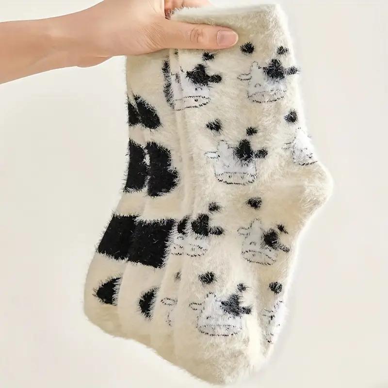 2 Pairs Cute Cow Spot Socks, Soft & Fuzzy Crew Mid Tube Socks, Women's Stockings & Hosiery Sports