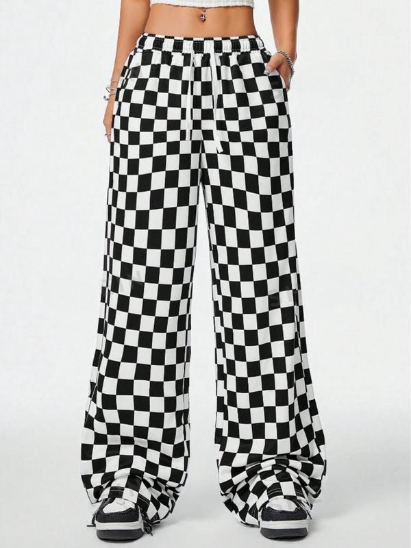 Women's Plaid Print Drawstring Waist Wide Leg Pants, Casual Comfy Pocket Trousers for Daily Wear, Ladies Bottoms for All Seasons