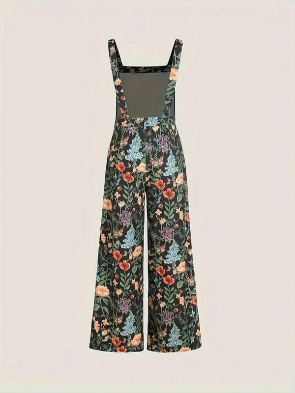  Floral Print Backless Cami Jumpsuit, Boho Sleeveless Wide Leg Jumpsuit for Beach Holiday Vacation, Overalls Jumpsuits, Women's Clothes for Summer