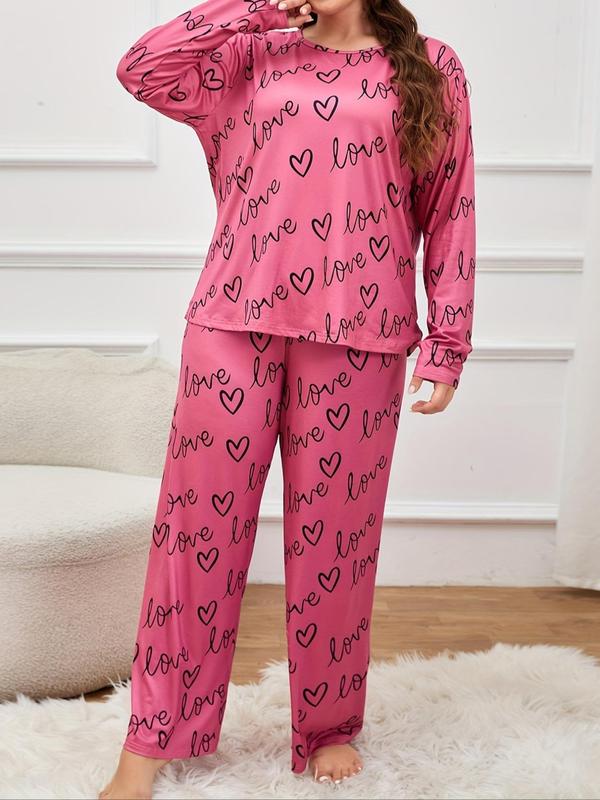  Heart & Letter Print Pyjama Two-Piece Set, Casual Comfy Round Neck Long Sleeve T-shirt & Trousers PJ Set, Women's Sleepwear for Spring & Fall