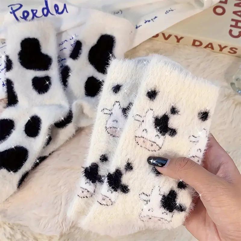 2 Pairs Cute Cow Spot Socks, Soft & Fuzzy Crew Mid Tube Socks, Women's Stockings & Hosiery Sports