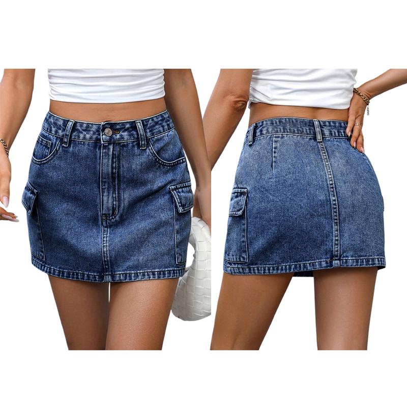 Women's Denim Bodycon Short Skirts Solid Color Multi-Pockets Summer Package Hip Mini Skirts Cotton Womenswear