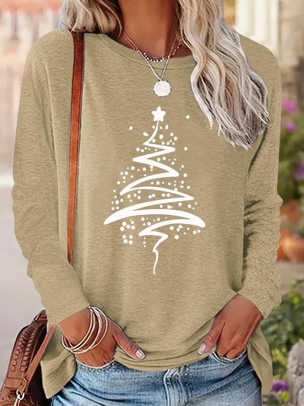 Women's Christmas Tree Print Drop Shoulder T-shirt, Casual Long Sleeve Round Neck Pullover for Fall & Winter, Ladies Clothes for Daily Wear