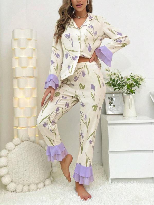 @ShopwithJulie Collection Women's Floral Print Ruffle Trim Loungewear Two-piece Set, Comfy Soft Lapel Layered Flared Sleeve Shirt & Tiered Layer Pants Lounge Sets, Pajama Sets Women, PJ Sets for Women, Comfortable Pajama Sets Women