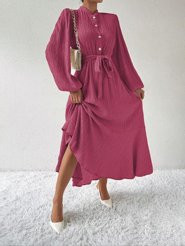 Plain Textured Belted Button Front Ruffle Hem Shirt Dress for Women, Elegant Bishop Sleeve Mock Neck A Line Long Dress for Spring & Fall for Daily Wear, Dresses for Women, Fall Outfits 2024,