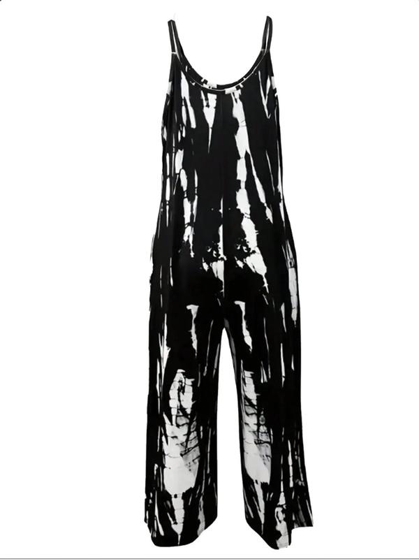 Women's All Over Print Pocket Wide Leg Cami Jumpsuit, Casual Sleeveless Spaghetti Strap Jumpsuit for Summer, Women's Clothing for Daily Wear