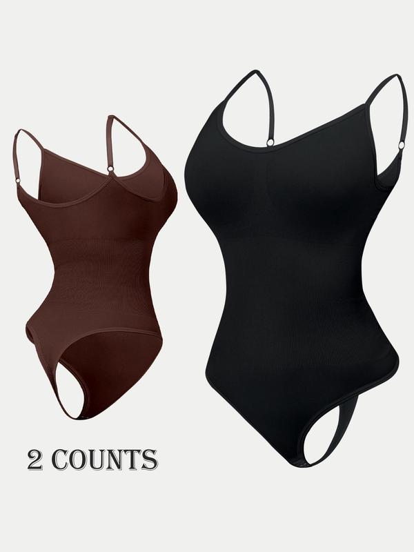 Women's 2pcs Solid Scoop Neck Adjustable Strap Sleeveless Shapewear Bodysuits, Basic Minimalist Comfort Seamless Tummy Control Butt Lifting Bodysuit for Daily Wear, Summer Wear 2024, Lady Body Shapewear Tops for All Seasons, Womenswear