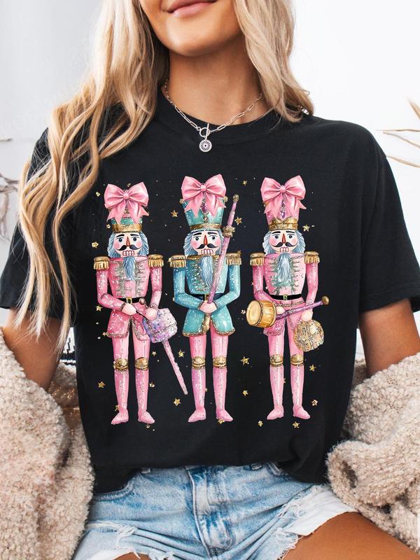 Women's Cartoon Nutcracker Print Round Neck Tee, Casual Short Sleeve Crew Neck T-shirt for All Seasons, Fashion Women's Top for Daily Wear