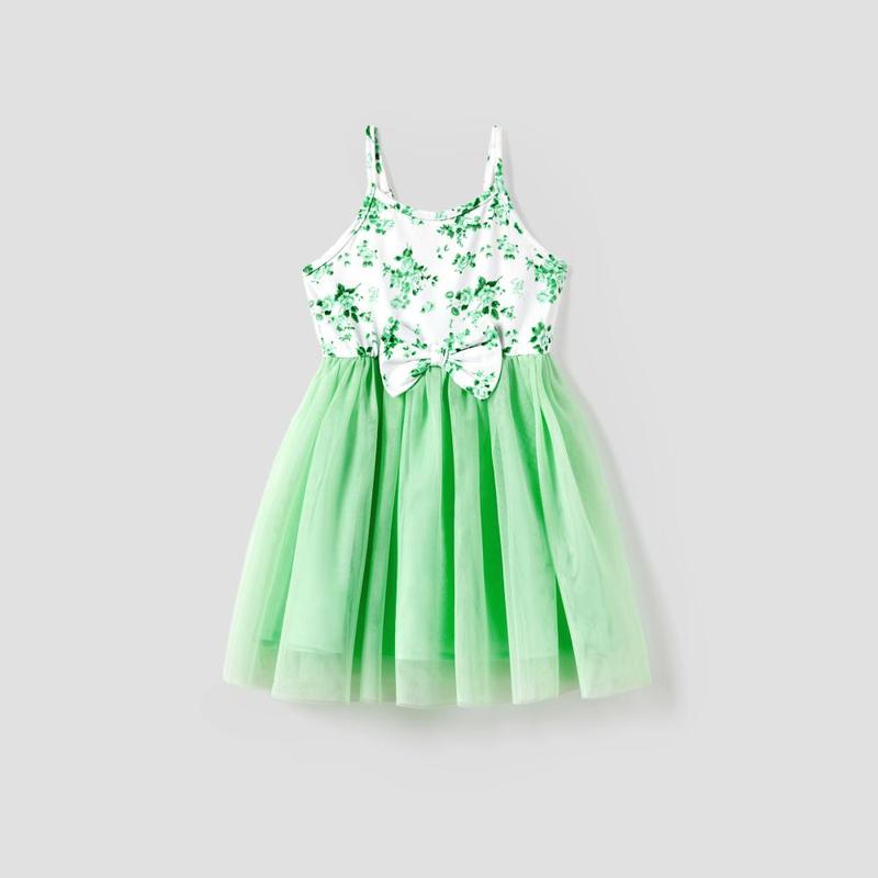 PatPat Mommy and Me Green Floral Ruched Bodycon Strap Dress or Spliced Mesh Strap Dress