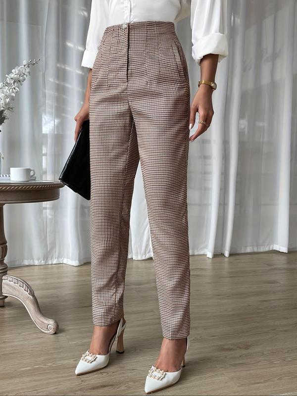 Women's Plaid Print Button Fly Pants, Casual Slim Fit High Waist Trousers for Spring & Fall, Women's Bottoms for Daily Wear