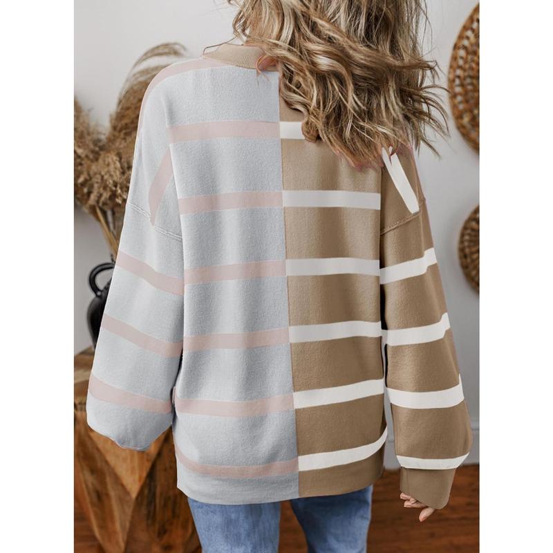 EVALESS Womens Casual Pullover Sweatshirts Crew Neck Striped Long Sleeve Knitted Color Block Loose Lightweight Sweaters 2024 Fashion Winter Outfits