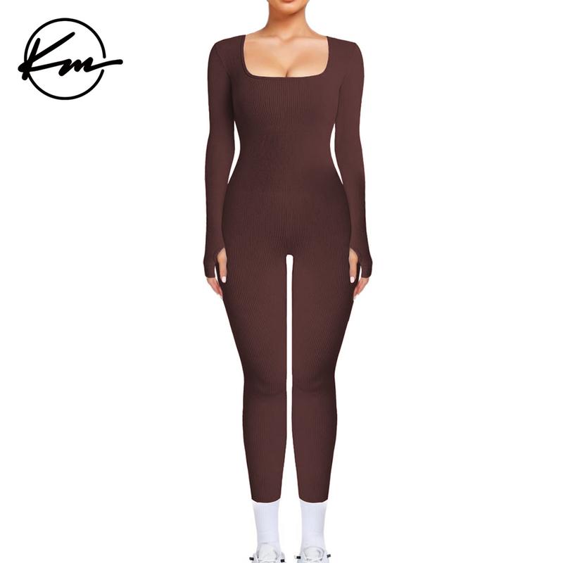 KatchMe Womenswear Solid Color U Neck Seamless Shaping Jumpsuit-CC,Thumb Holes Design Jumpsuit,Tummy Control Slim-Fitting Shapewear for Summer(NEW)