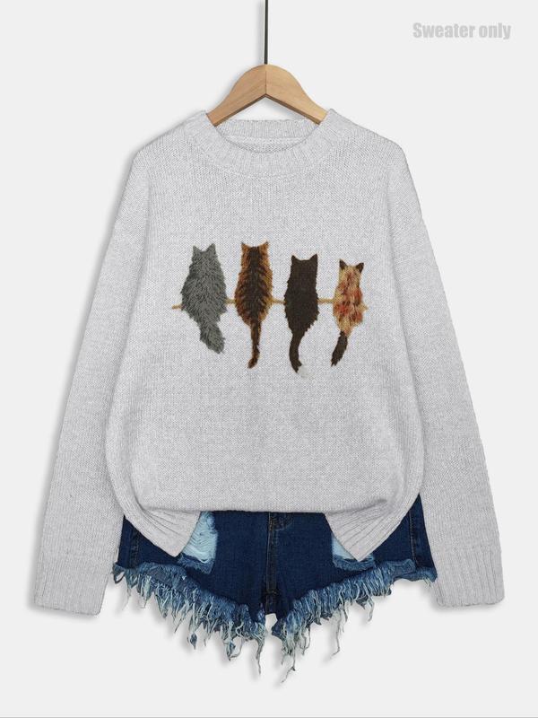 Women's Cat Print Crew Neck Sweater, Casual Long Sleeve Jumper for Fall & Winter, Fashion Ladies' Knitwear for Daily Wear