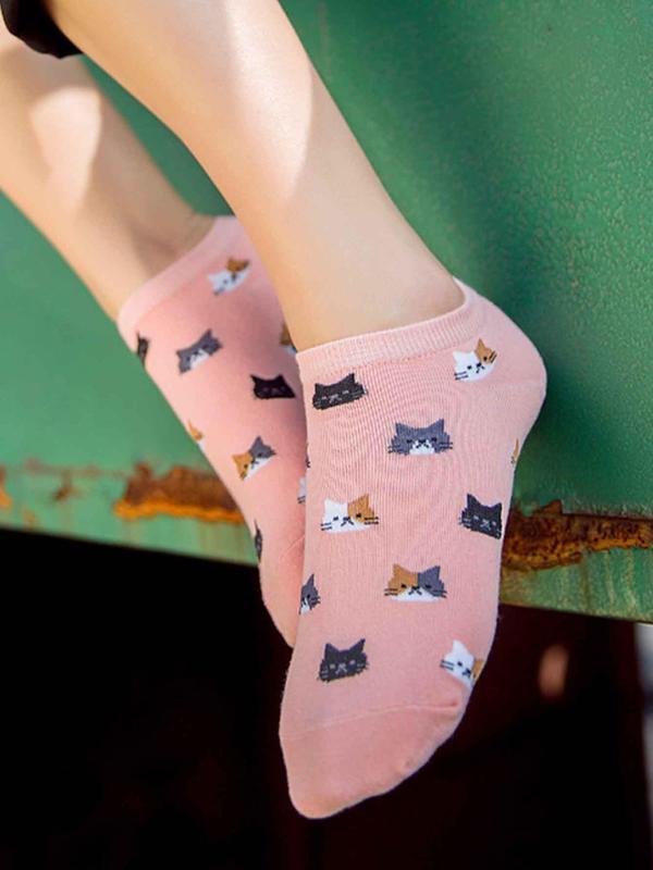 Women's 5 Pairs Cartoon Cat Print Ankle Socks, 5 Pair Set Cute Comfy Breathable Socks for Daily Wear, Women's Socks for Spring Summer Fall