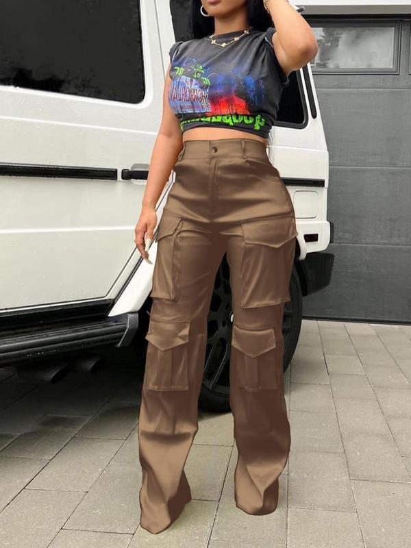 Women's Plain High Waist Cargo Pants, Casual Retro Button Pocket Trousers for Daily Wear, Ladies Bottoms for All Seasons