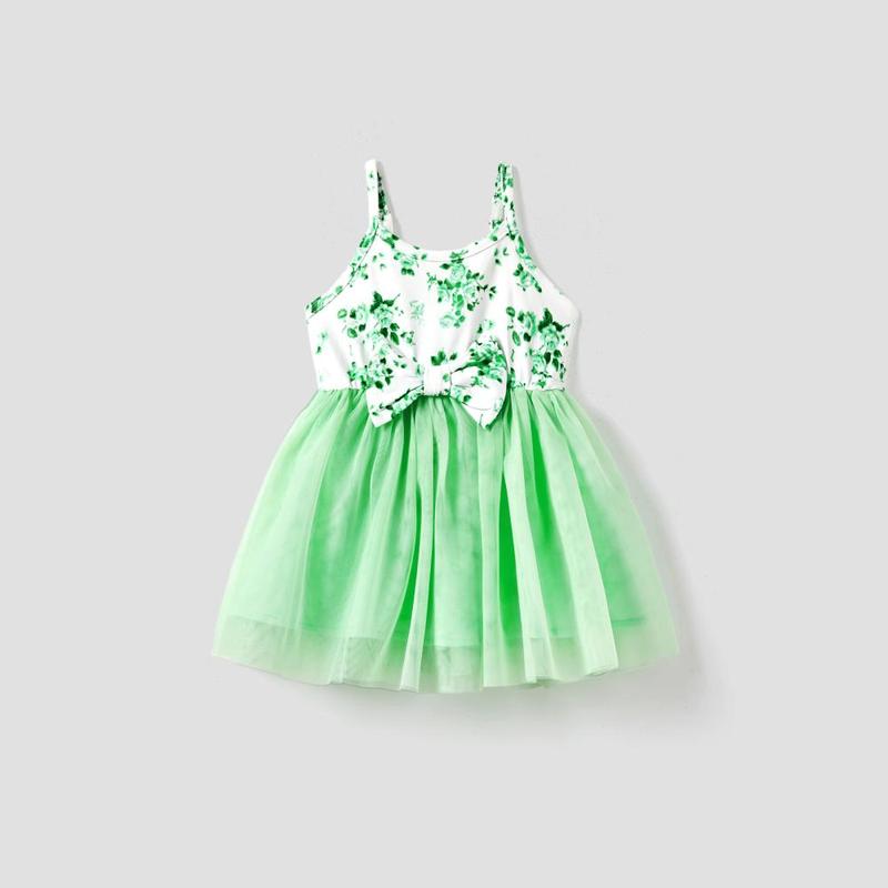 PatPat Mommy and Me Green Floral Ruched Bodycon Strap Dress or Spliced Mesh Strap Dress