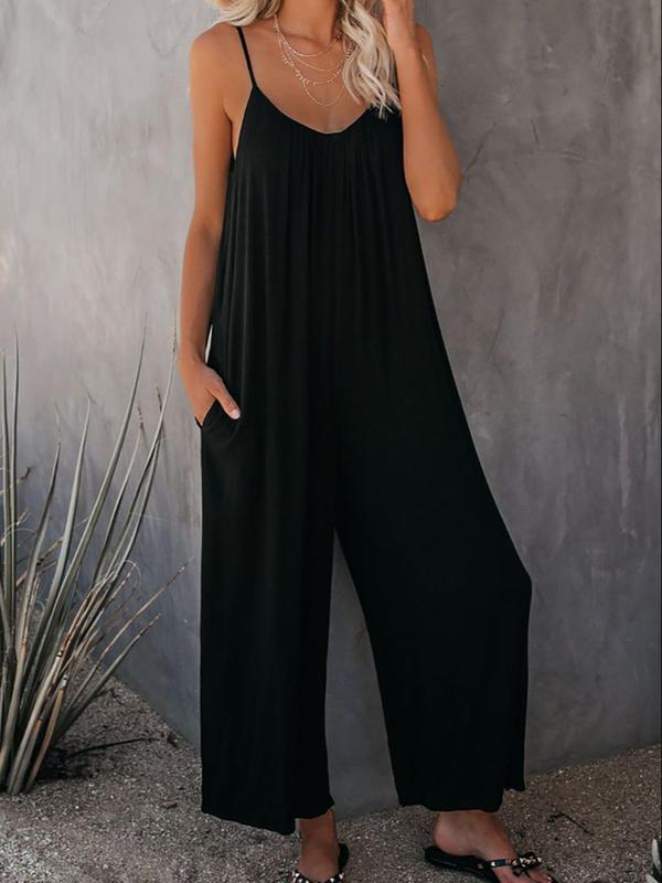 Women's Chic Simple Adjustable Strap Sleeveless Wide Leg Jumpsuit with Pockets, Lady Minimalist Breathable Solid Spaghetti Strap Loose Cami Jumpsuit, Back To School Outfits, One Piece Jumpsuit, Summer Outfits 2024, Downtown Girl Clothes