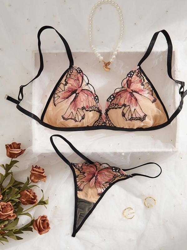 Two-Piece Set Women's Butterfly Embroidery Contrast Binding Lace Bra & Thong Two-piece Set, Casual Comfy Breathable Two-piece Lingerie Set for Daily Wear, Underwear Set for All Seasons