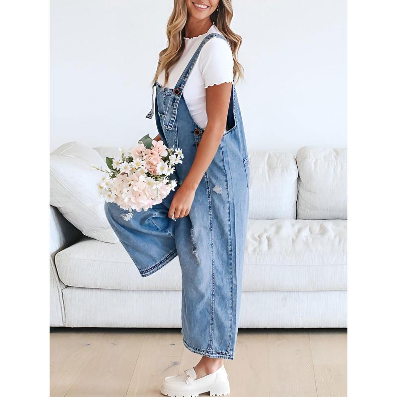 Groanbon Women's Denim Overalls Casual Jumpsuits Loose Fit Adjustable Strap Distressed Bib Jeans Overall Jumpsuits Streetwear Womenswear Bottom Trouser