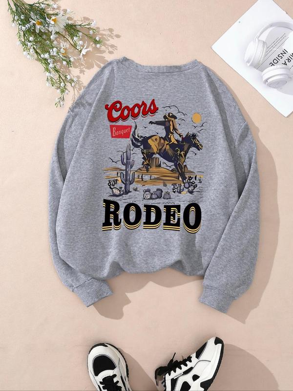 Women's Cowboy & Letter Print Drop Shoulder Sweatshirt, Casual Long Sleeve Round Neck Pullover for Fall & Winter, Ladies Clothes for Daily Wear