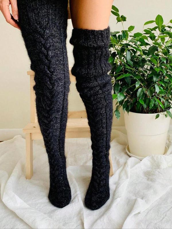 Women's Solid Wool Over The Knee Socks, Casual Comfy Warm Knee-high Socks for Fall & Winter, Women's Socks for Daily Wear