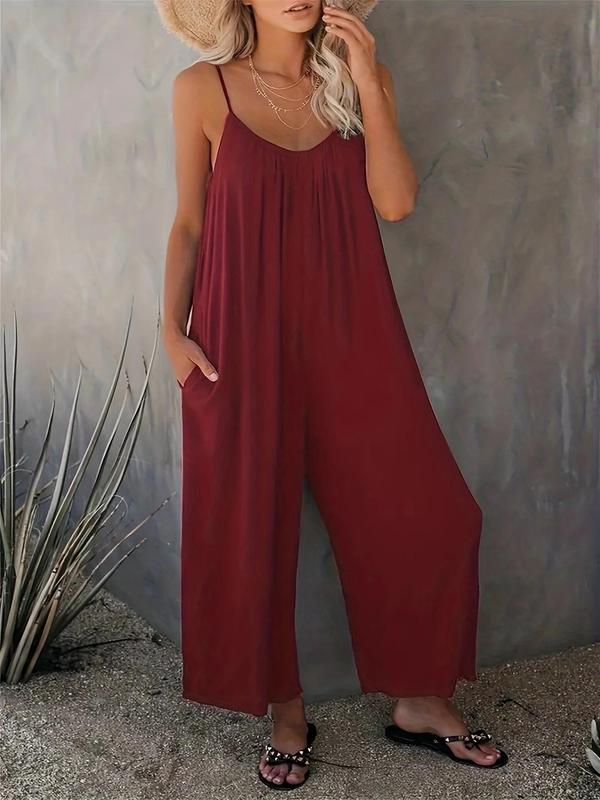 Women's Chic Simple Adjustable Strap Sleeveless Wide Leg Jumpsuit with Pockets, Lady Minimalist Breathable Solid Spaghetti Strap Loose Cami Jumpsuit, Back To School Outfits, One Piece Jumpsuit, Summer Outfits 2024, Downtown Girl Clothes