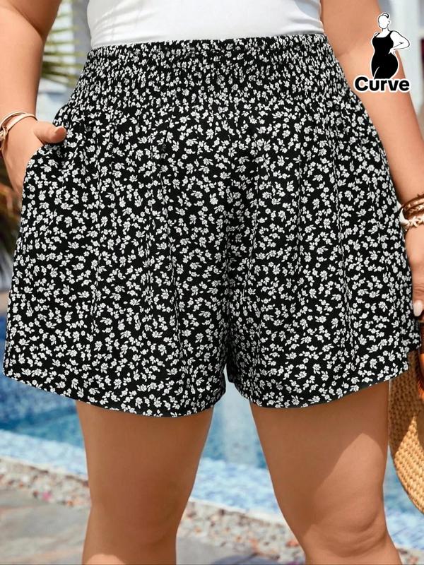 Plus Size Ditsy Floral Print Pocket Wide Leg Shorts, Boho Casual High Waist Shorts for Daily Vacation Outdoor, Shorts for Women, Women's Bottoms for Summer