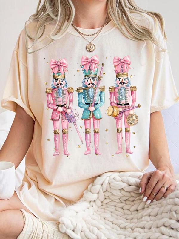 Women's Cartoon Nutcracker Print Round Neck Tee, Casual Short Sleeve Crew Neck T-shirt for All Seasons, Fashion Women's Top for Daily Wear