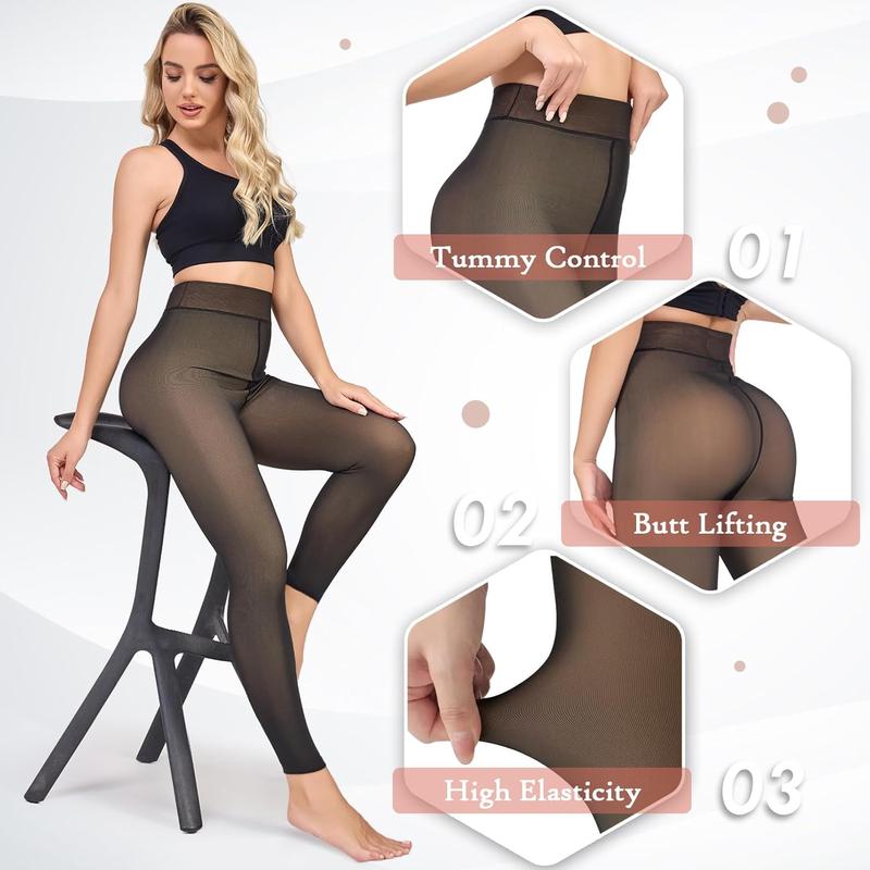 Fleece Lined Tights Women Sheer Fake Translucent Winter Thermal Pantyhose Opaque Warm Thick High Waist Leggings(XS-2XL)