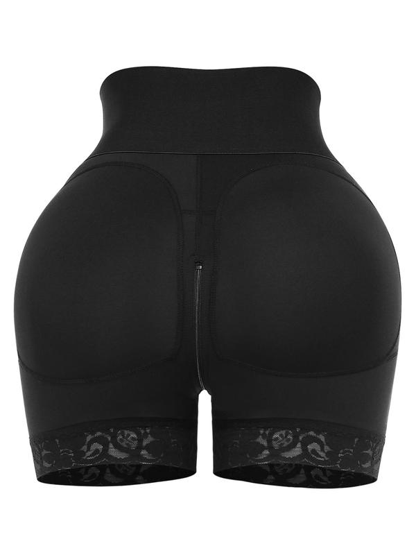 Women's Solid Zipper Contrast Lace Trim Shapewear Shorts, Casual Tummy Control High Waist Butt Lift Shapewear Shorts, Women's Shapewear