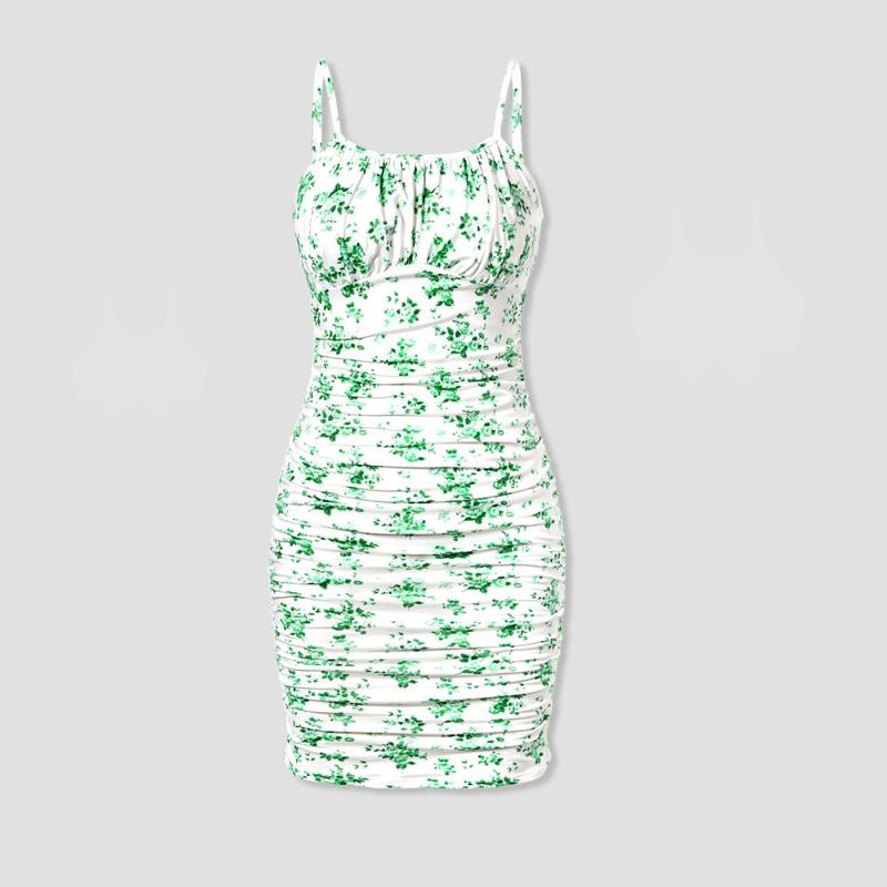 PatPat Mommy and Me Green Floral Ruched Bodycon Strap Dress or Spliced Mesh Strap Dress