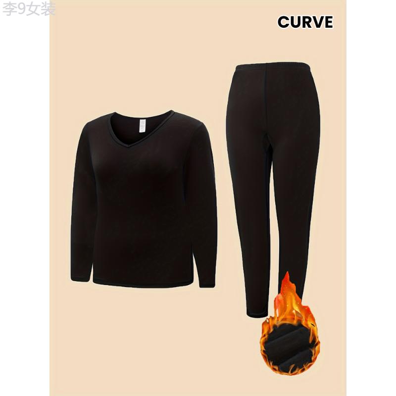 Plus Size Simple Thermal Underwear Set, Women's Plus Thickened Fleece Lined Warm Base Layer Shirt & Pants Underwear 2 Piece Set Fabric Womenswear