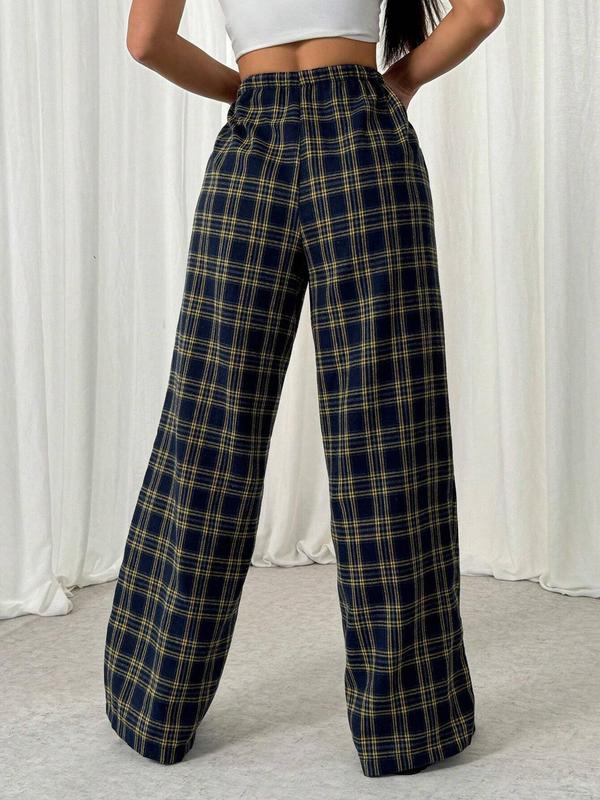 Women's Plaid Print Drawstring Waist Wide Leg Pants, Casual Comfy Pocket Trousers for Fall & Winter, Women's Bottoms for Daily Wear