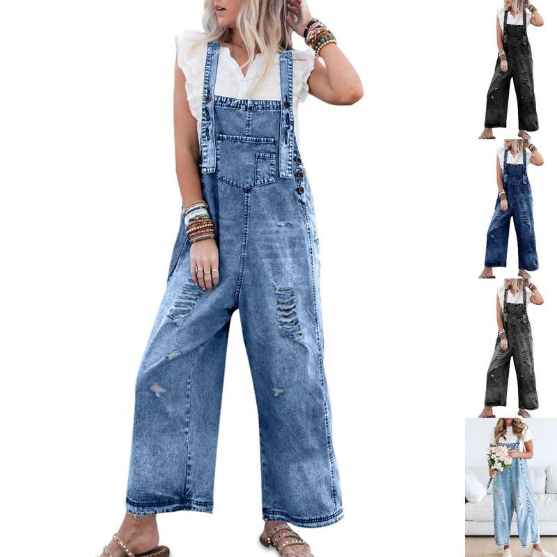 Groanbon Women's Denim Overalls Casual Jumpsuits Loose Fit Adjustable Strap Distressed Bib Jeans Overall Jumpsuits Streetwear Womenswear Bottom Trouser