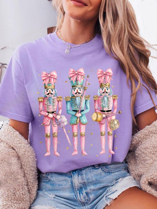 Women's Cartoon Nutcracker Print Round Neck Tee, Casual Short Sleeve Crew Neck T-shirt for All Seasons, Fashion Women's Top for Daily Wear