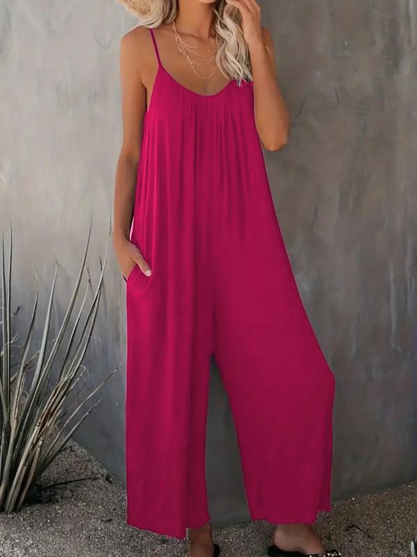 Women's Chic Simple Adjustable Strap Sleeveless Wide Leg Jumpsuit with Pockets, Lady Minimalist Breathable Solid Spaghetti Strap Loose Cami Jumpsuit, Back To School Outfits, One Piece Jumpsuit, Summer Outfits 2024, Downtown Girl Clothes