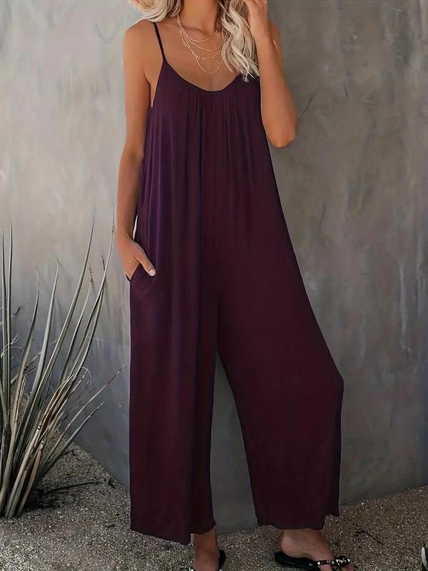 Women's Chic Simple Adjustable Strap Sleeveless Wide Leg Jumpsuit with Pockets, Lady Minimalist Breathable Solid Spaghetti Strap Loose Cami Jumpsuit, Back To School Outfits, One Piece Jumpsuit, Summer Outfits 2024, Downtown Girl Clothes