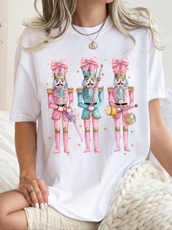 Women's Cartoon Nutcracker Print Round Neck Tee, Casual Short Sleeve Crew Neck T-shirt for All Seasons, Fashion Women's Top for Daily Wear