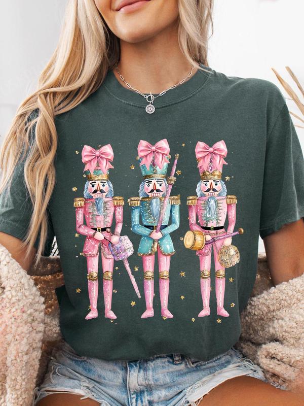 Women's Cartoon Nutcracker Print Round Neck Tee, Casual Short Sleeve Crew Neck T-shirt for All Seasons, Fashion Women's Top for Daily Wear