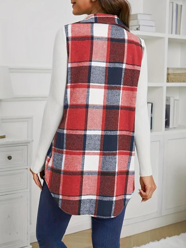 Women's Plaid Print Button Front Pocket Vest Coat, Casual Sleeveless Collared Outerwear for Daily Wear, Ladies Clothes for All Seasons