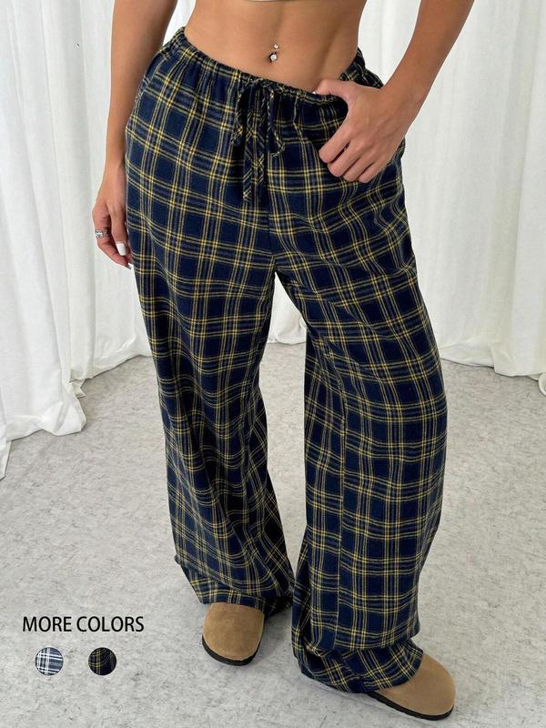 Women's Plaid Print Drawstring Waist Wide Leg Pants, Casual Comfy Pocket Trousers for Fall & Winter, Women's Bottoms for Daily Wear