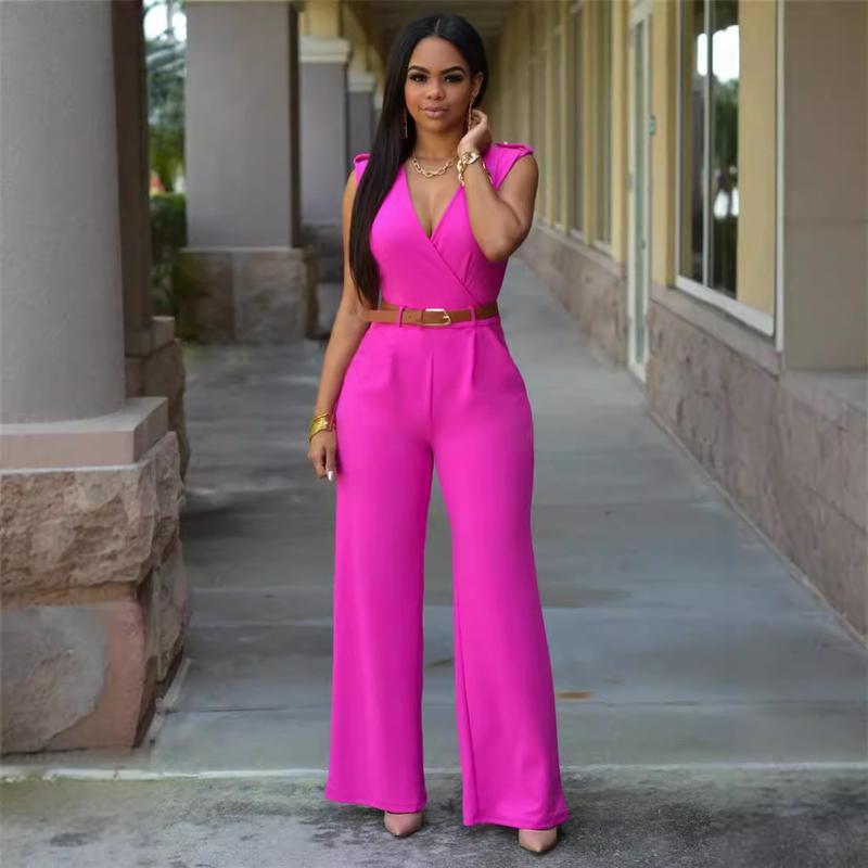 Spring and autumn sexy elastic high-waisted V-neck wide-leg pants irregular jumpsuit with belt