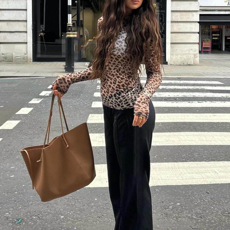 Women Long Sleeve T-Shirts Leopard Print Mesh Sheer Round Neck Casual Shirts Spring Fall Slim Fit Tops