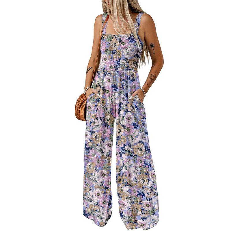 Dokotoo Women's Casual Loose Overalls Jumpsuits One Piece Sleeveless Printed Wide Leg Long Pant Rompers With Pockets