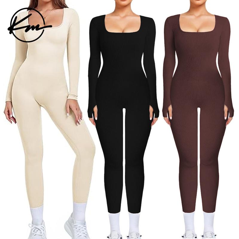 KatchMe Womenswear Solid Color U Neck Seamless Shaping Jumpsuit-CC,Thumb Holes Design Jumpsuit,Tummy Control Slim-Fitting Shapewear for Summer(NEW)