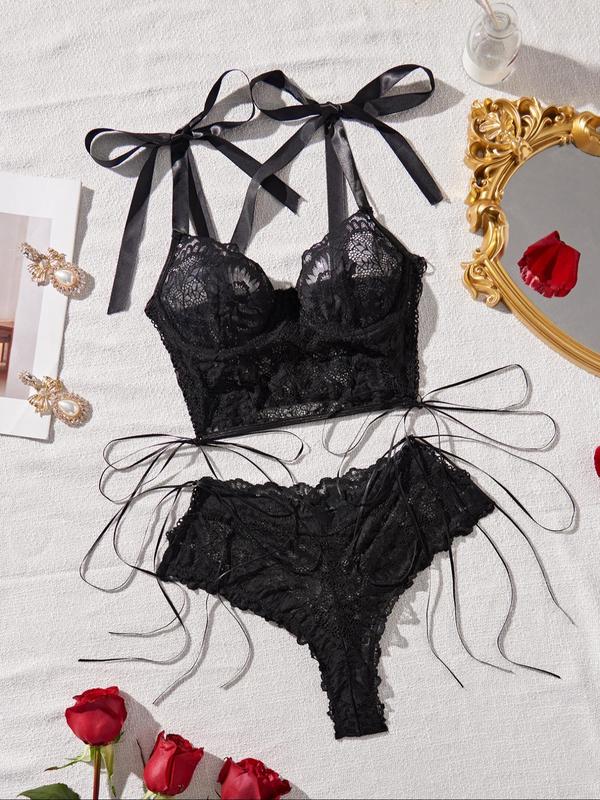 Women's Contrast Lace Bow Decor Bra & Flower Decor Panty Two-Piece Set, Sexy Elegant Embroidery Lingerie Set, Ladies Underwear Set for All Seasons