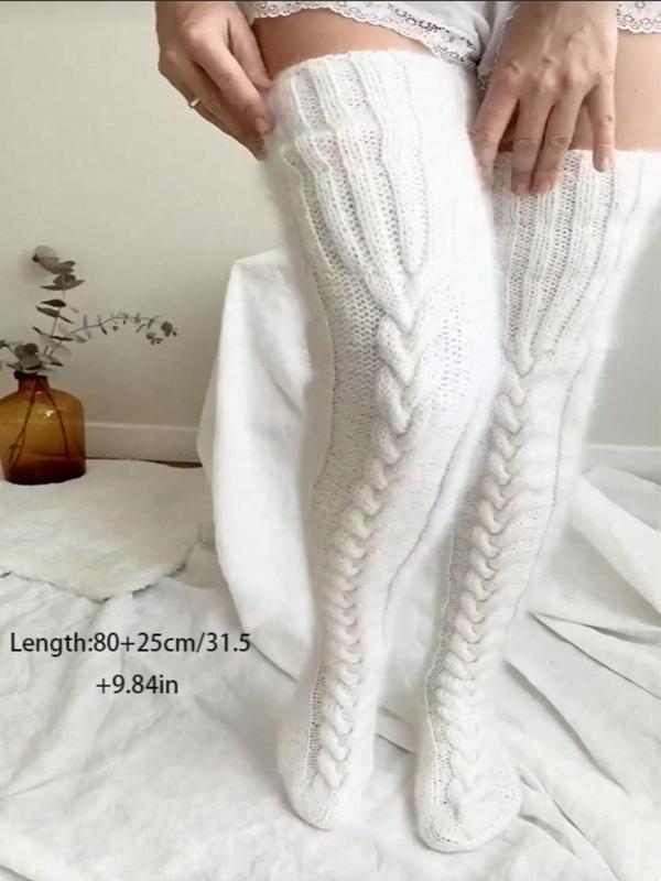 Women's Solid Wool Over The Knee Socks, Casual Comfy Warm Knee-high Socks for Fall & Winter, Women's Socks for Daily Wear