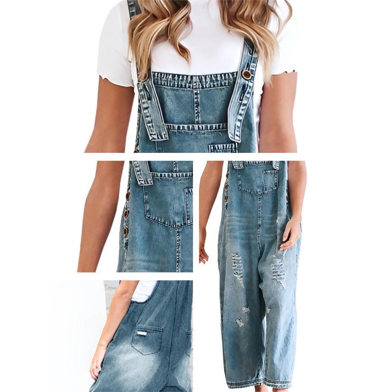 Groanbon Women's Denim Overalls Casual Jumpsuits Loose Fit Adjustable Strap Distressed Bib Jeans Overall Jumpsuits Streetwear Womenswear Bottom Trouser