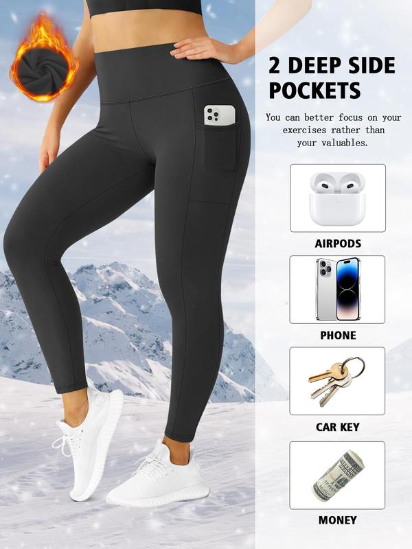  Solid High Waist Pocket Leggings, Casual Comfy Thermal Lined Skinny Pants for Women, Leggings for Women, Women's Bottoms for Fall & Winter