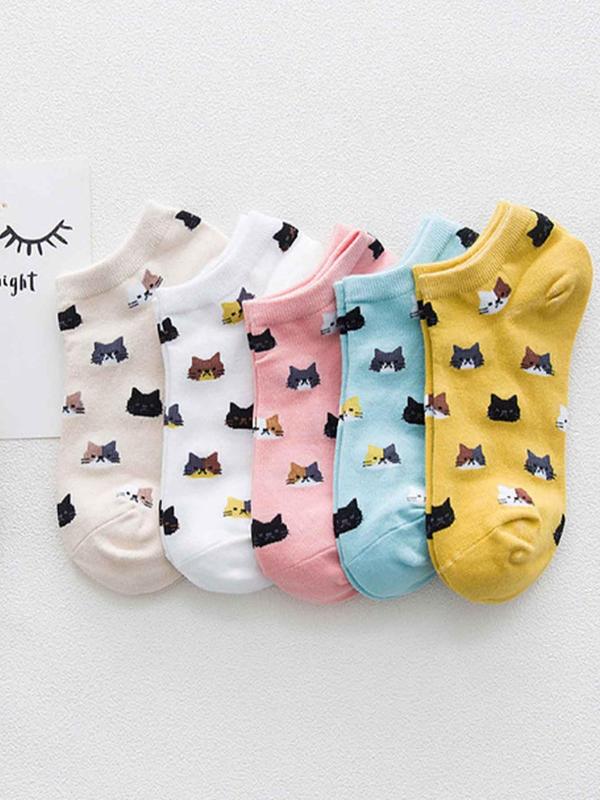 Women's 5 Pairs Cartoon Cat Print Ankle Socks, 5 Pair Set Cute Comfy Breathable Socks for Daily Wear, Women's Socks for Spring Summer Fall